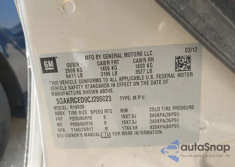 2012 Buick Enclave Leather z USA, uszkodzony, nr VIN 5GAKRCED9CJ286023